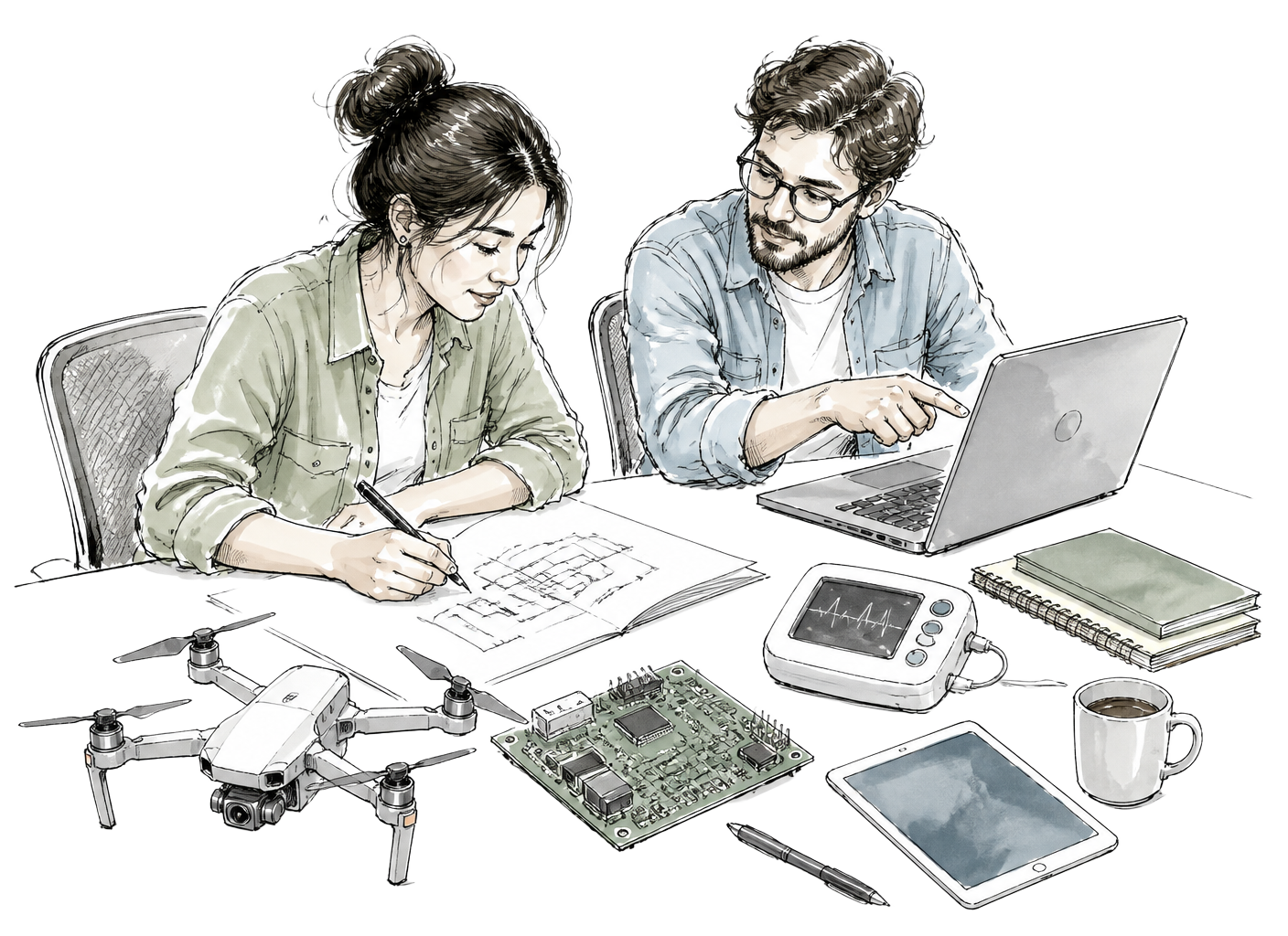 Sketch illustration of two engineers at a desk with a laptop, drone, circuit board and medical monitoring device